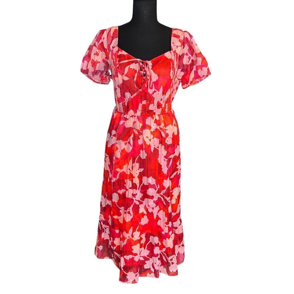Torrid M/L Midi Cotton Clip Dot Lace Up Smocked sweetheart neck floral dress